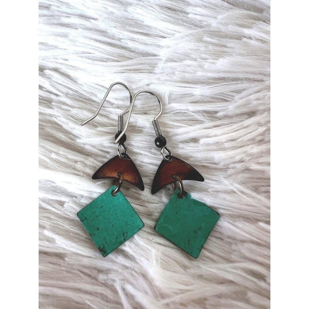 Geometric Dangle Earrings Artisan Turquoise Copper Boho Metal Drop